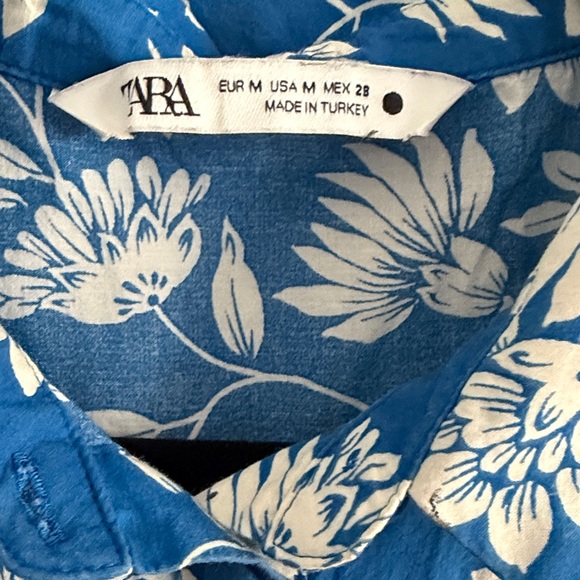 Zara Blue Floral Drop Waist Midi Shirt Dress Summer Dress - Size Medium - Picture 8 of 9